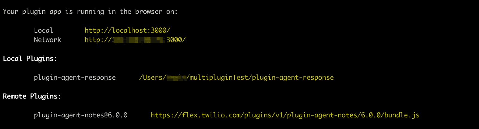 CLI output showing local and remote plugin paths for a running plugin app.