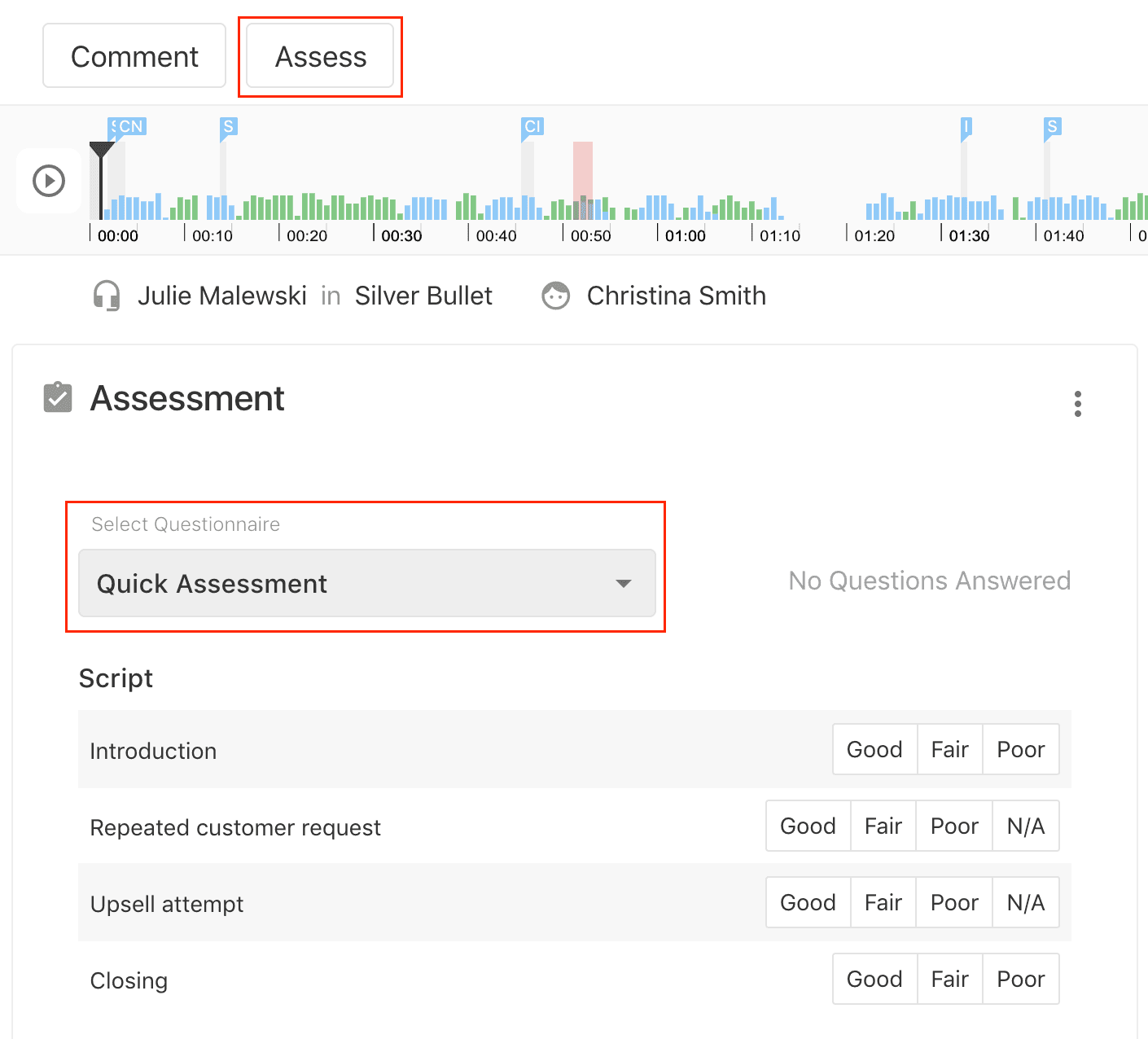 Assessment interface with Quick Assessment dropdown and script rating options.