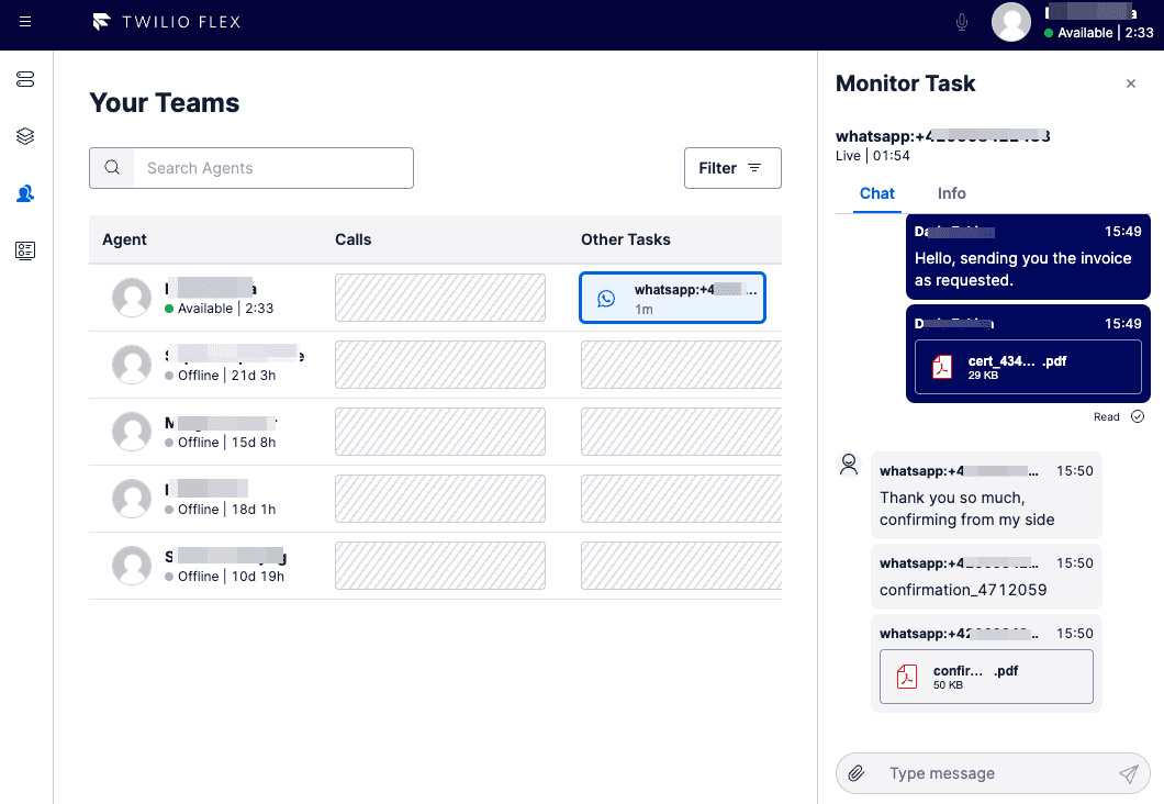 Twilio Flex dashboard showing agent status and chat task details.