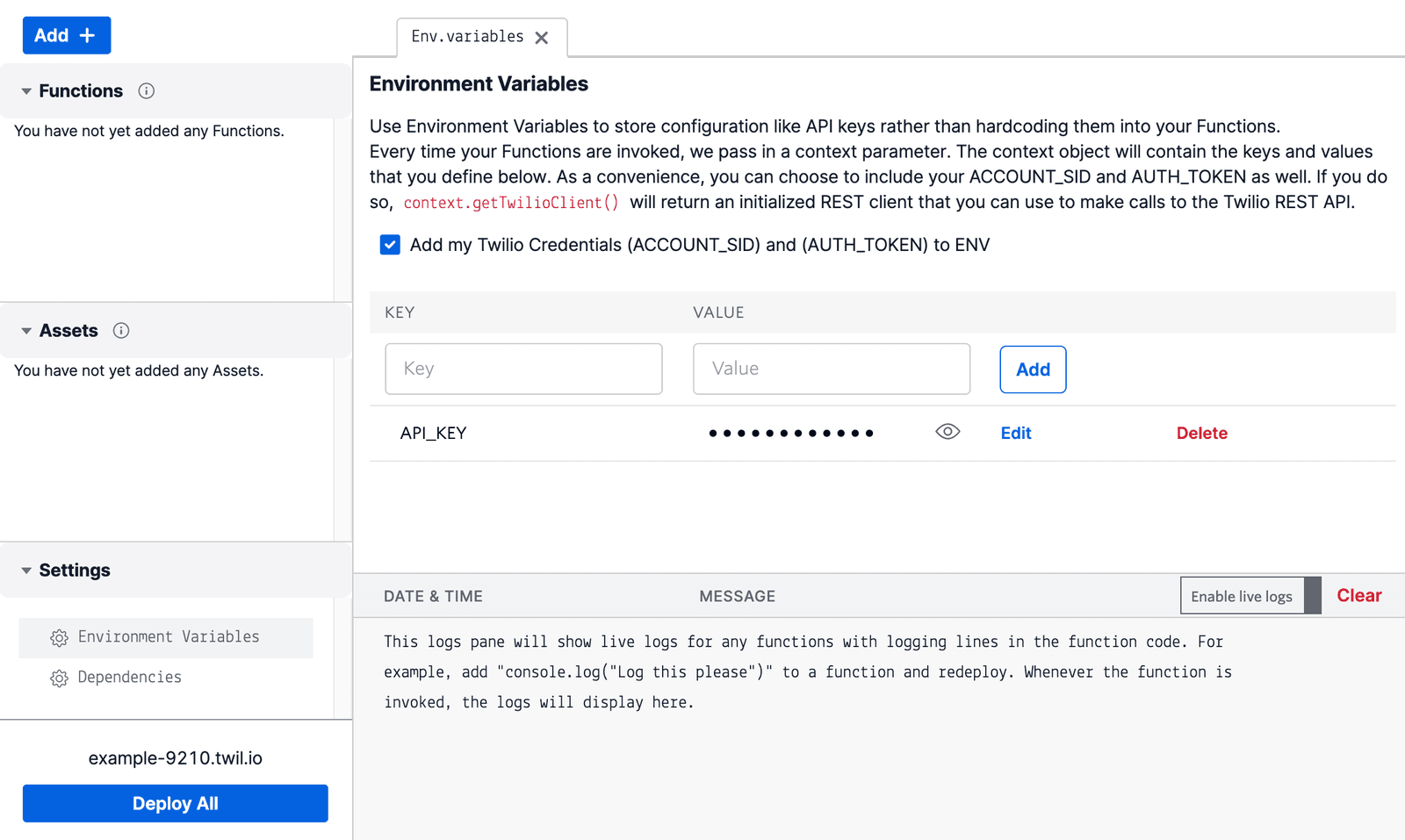 UI for managing environment variables with options to add API keys and Twilio credentials.