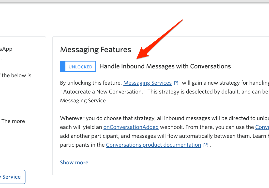 Messaging Features section with 'Unlocked' toggle for handling inbound messages with Conversations.