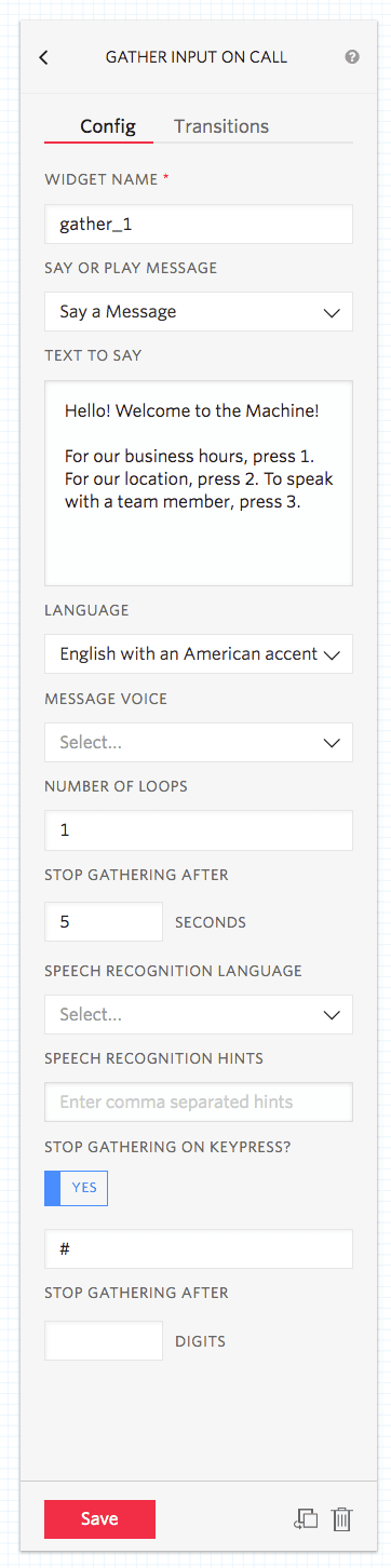 Studio configuration for gathering input on call with message options and settings.
