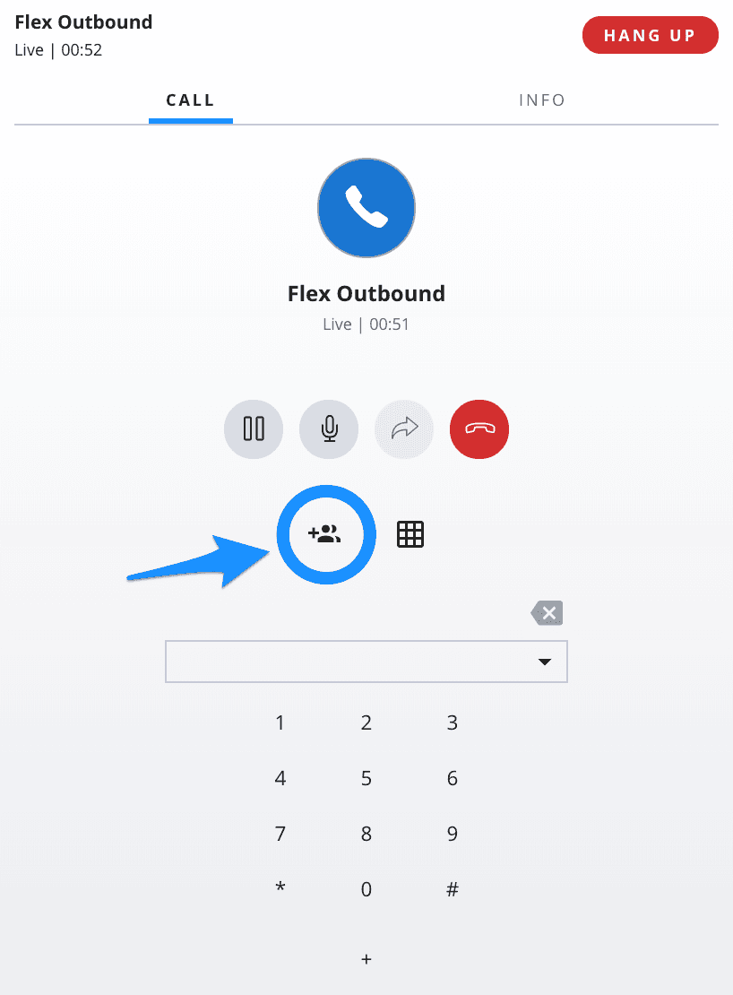 Flex Outbound call screen with add participant button highlighted.