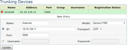 Trunking device settings with Asterisk, IP 10.10.139.11, port 5060, and UDP transport.