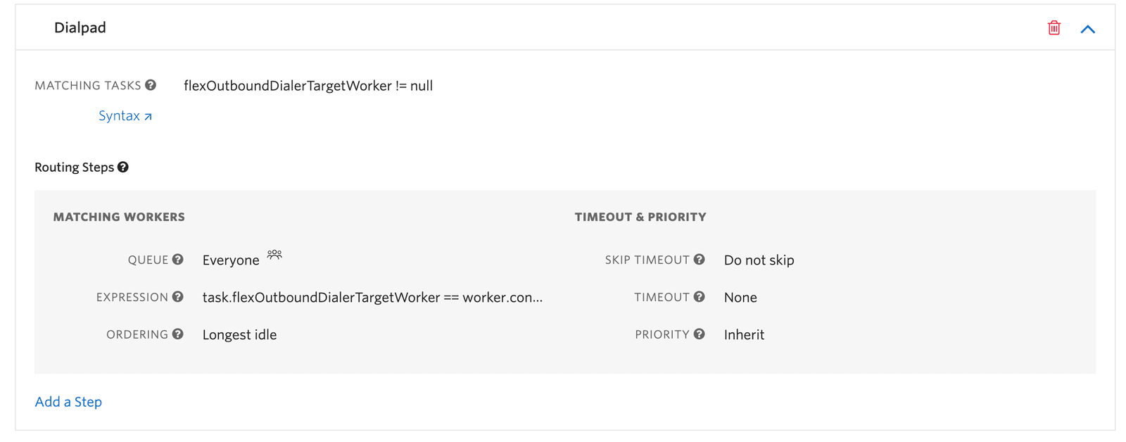 Dialpad settings with task matching and routing steps for outbound dialer.