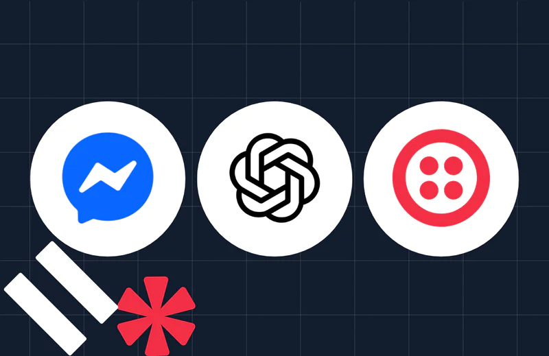 Logos of Messenger, OpenAI, and Twilio on a dark grid background with red asterisk and white pause symbols.
