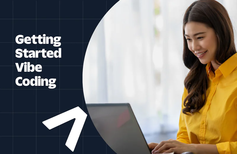 Woman in a yellow shirt typing on a laptop with text Getting Started Vibe Coding on the left.