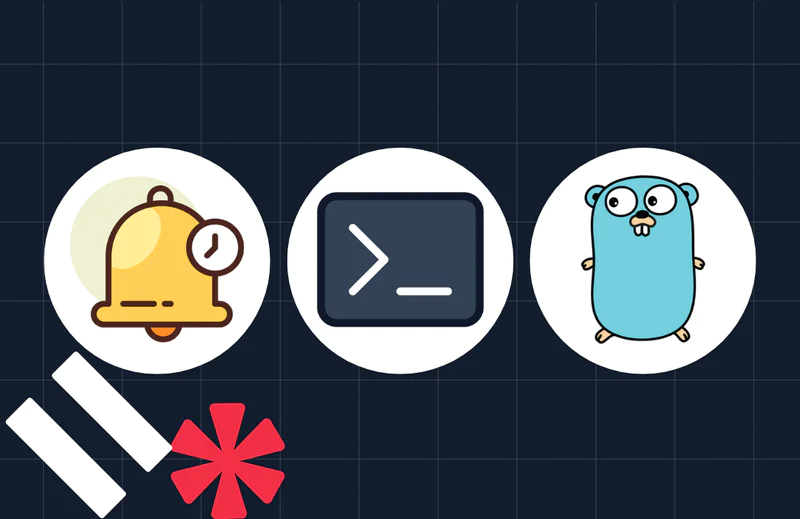 Icons of a bell, a terminal, and GoLang mascot on a dark grid background with a red asterisk and white bars.