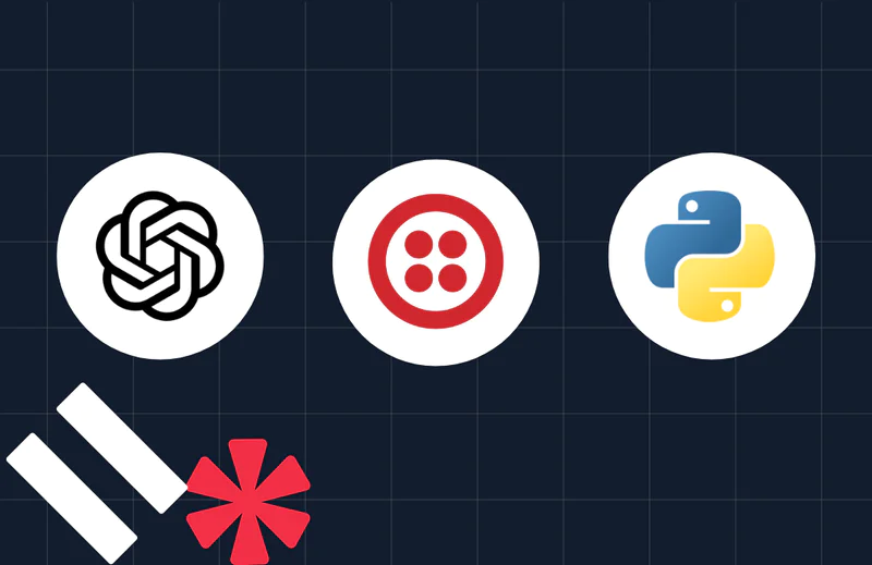 Logos of OpenAI, Twilio, and Python on a dark grid background with red and white geometric shapes in the corners.