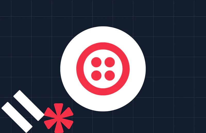Red button with white border and four holes on a dark grid background, with two red shapes in the bottom left corner.