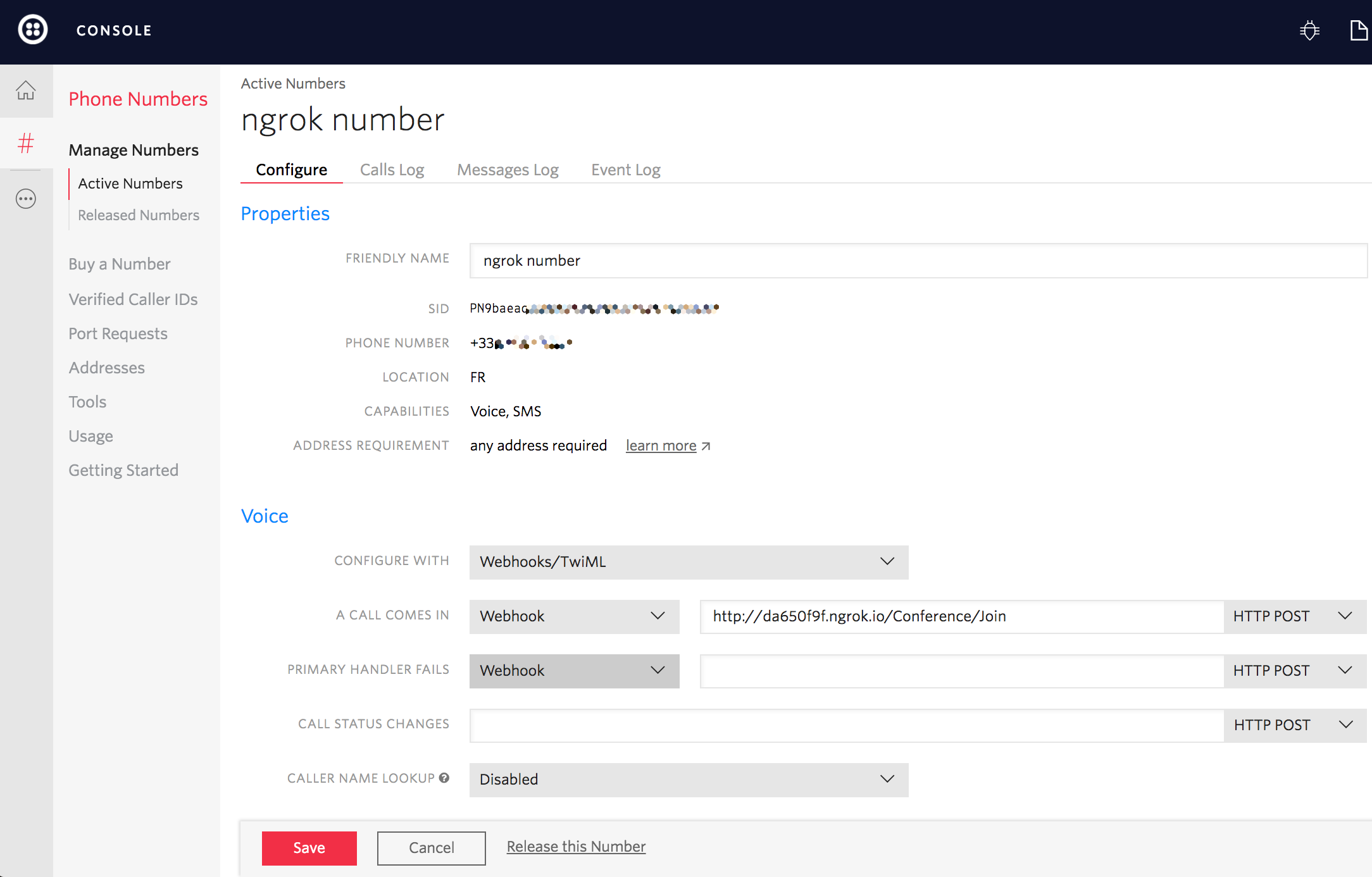 Twilio Console configured for Conference Broadcast