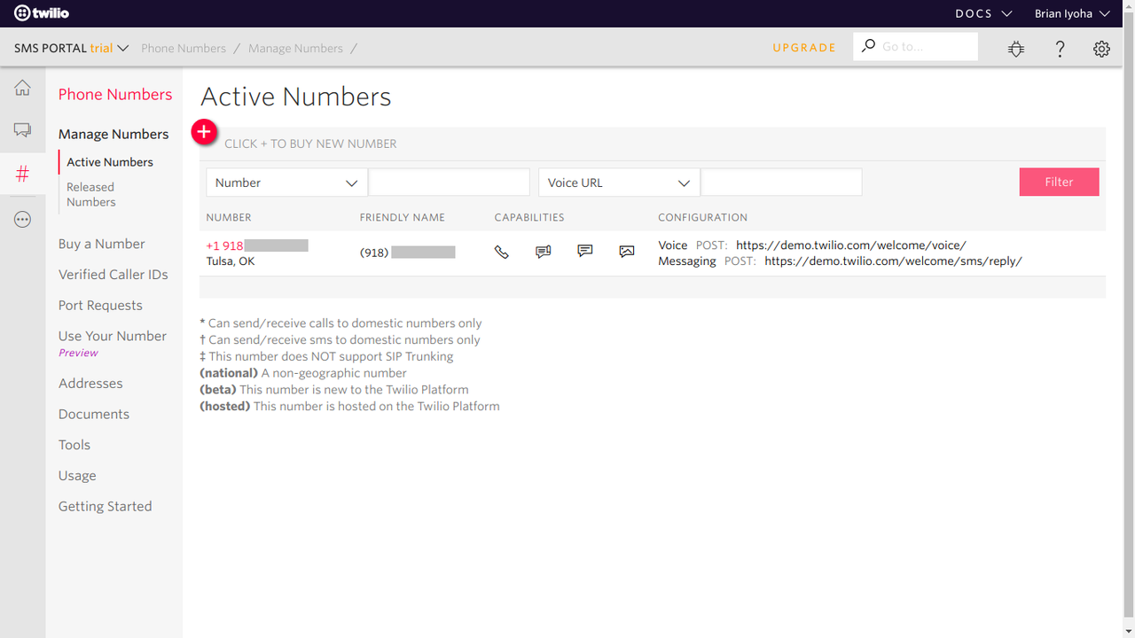 Active number panel in Twilio