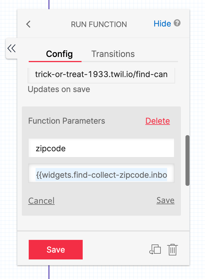 screenshot of find candy widget configuration panel showing function parameter settings
