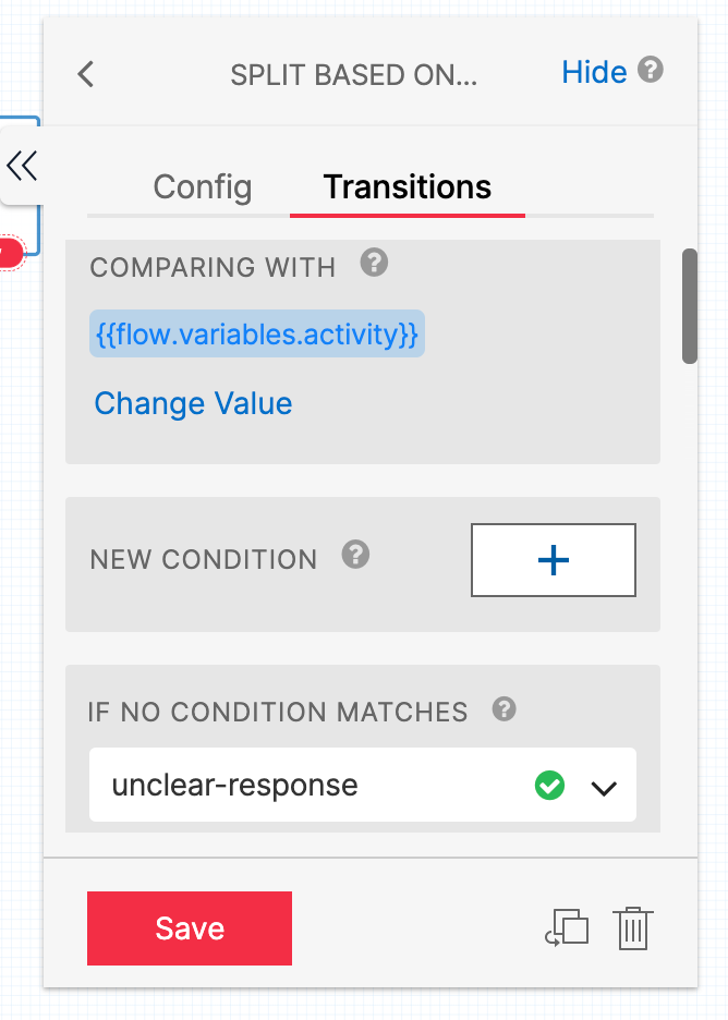 screenshot showing transition configuration for the unclear-response widget