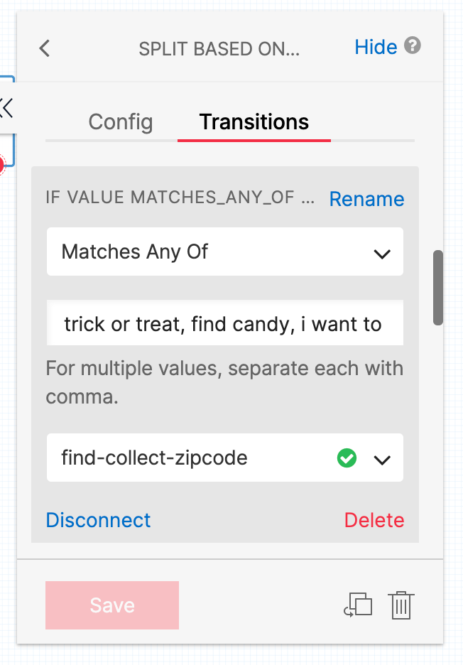 Screenshot showing transition configuration for find-collect-zipcode widget