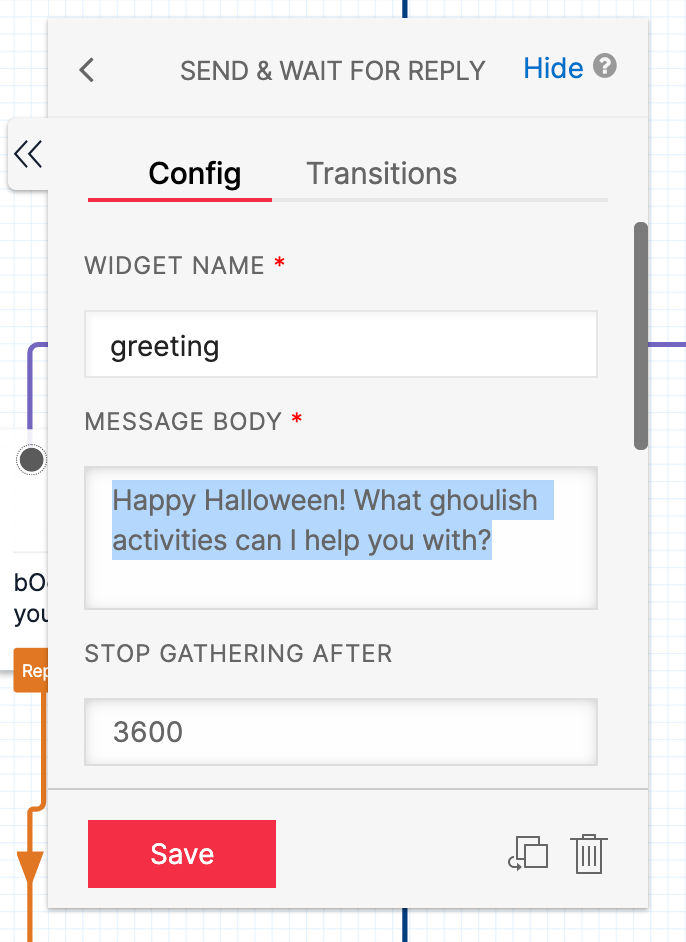 Screenshot showing configuration for greeting widget