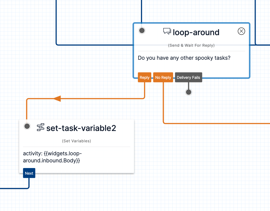 Screenshot showing set-task-variable2 widget below loop-around widget 