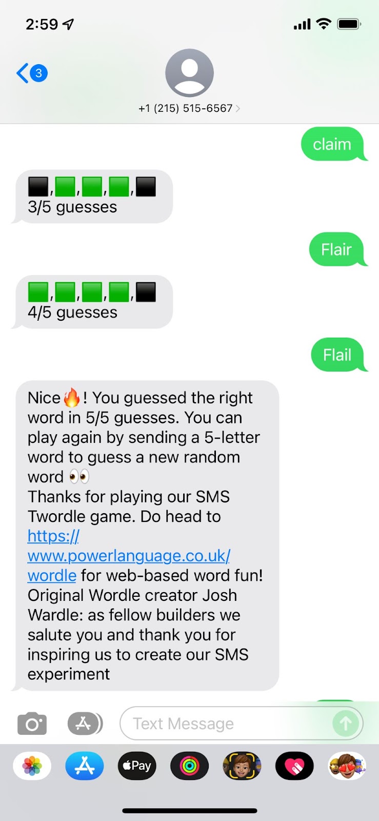 SMS conversation with the Twordle game phone number.