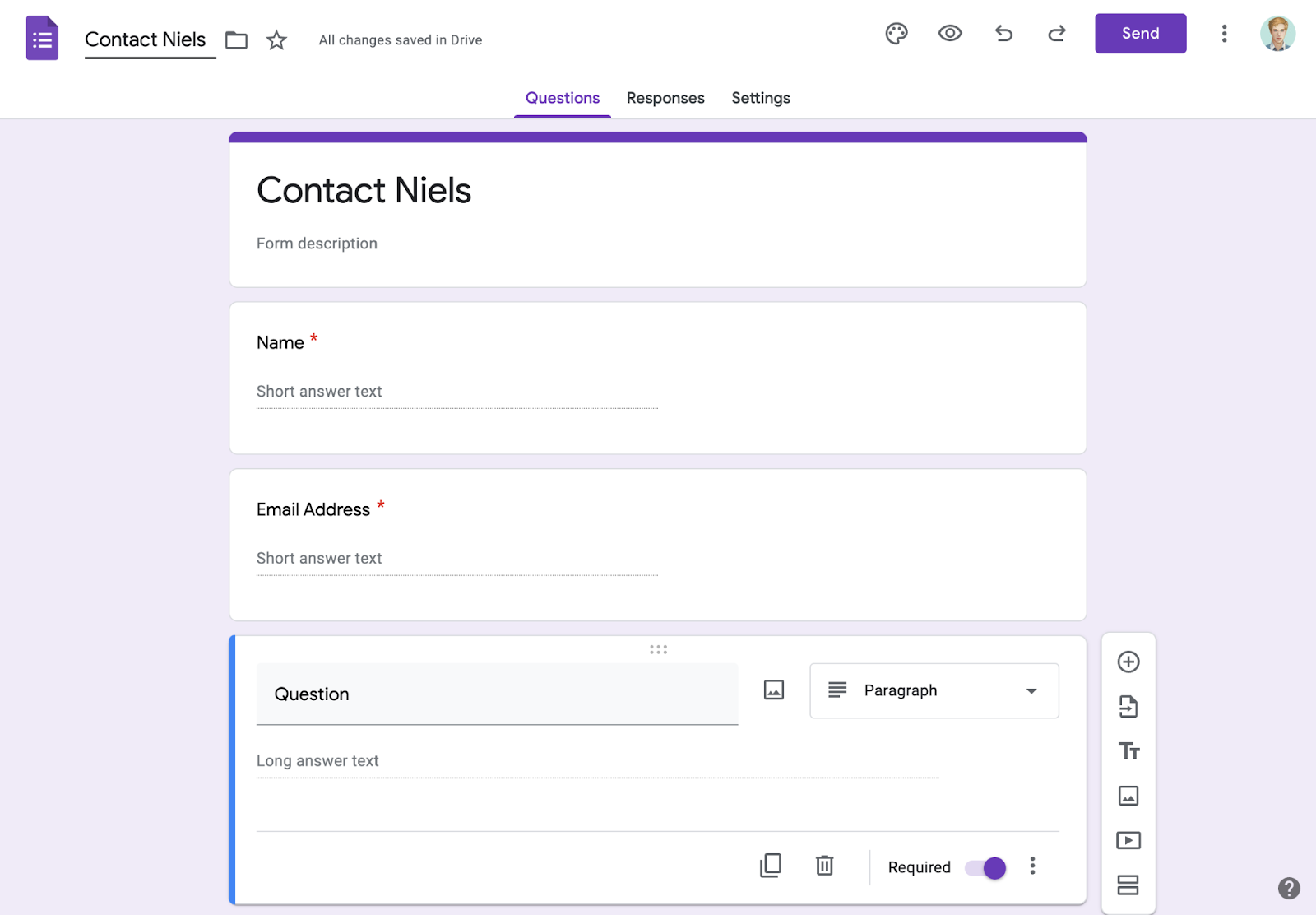 Google Form named "Contact Niels" with 3 form fields: Name, Email Address, and Question