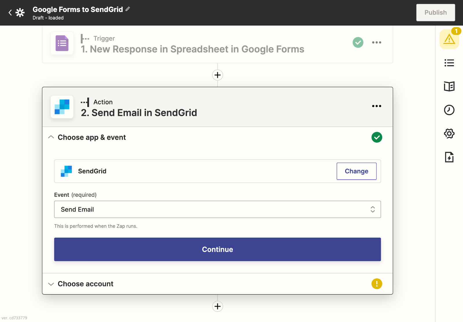 User adds SendGrid action to Zapier and selects the "Send Email" option from the "Event" dropdown.