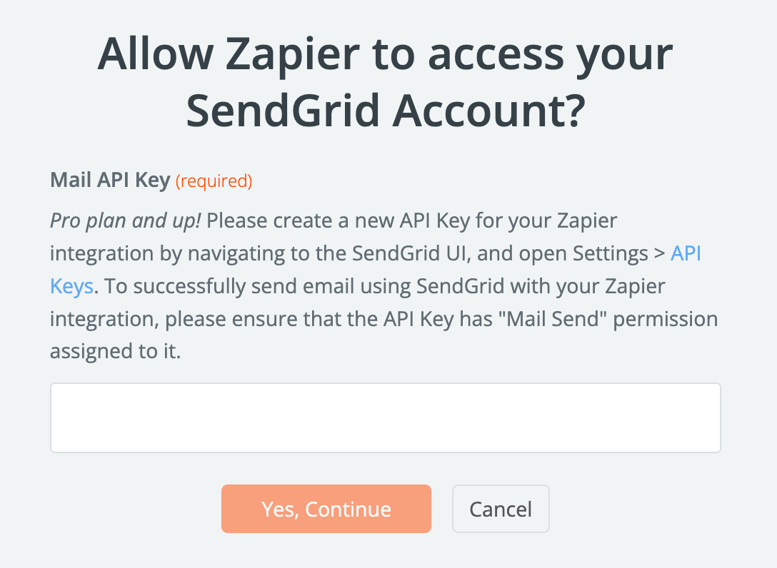 Zapier"s window to authenticate with SendGrid. The window has a single field "Mail API Key" asking for the SendGrid API Key with mail permissions.