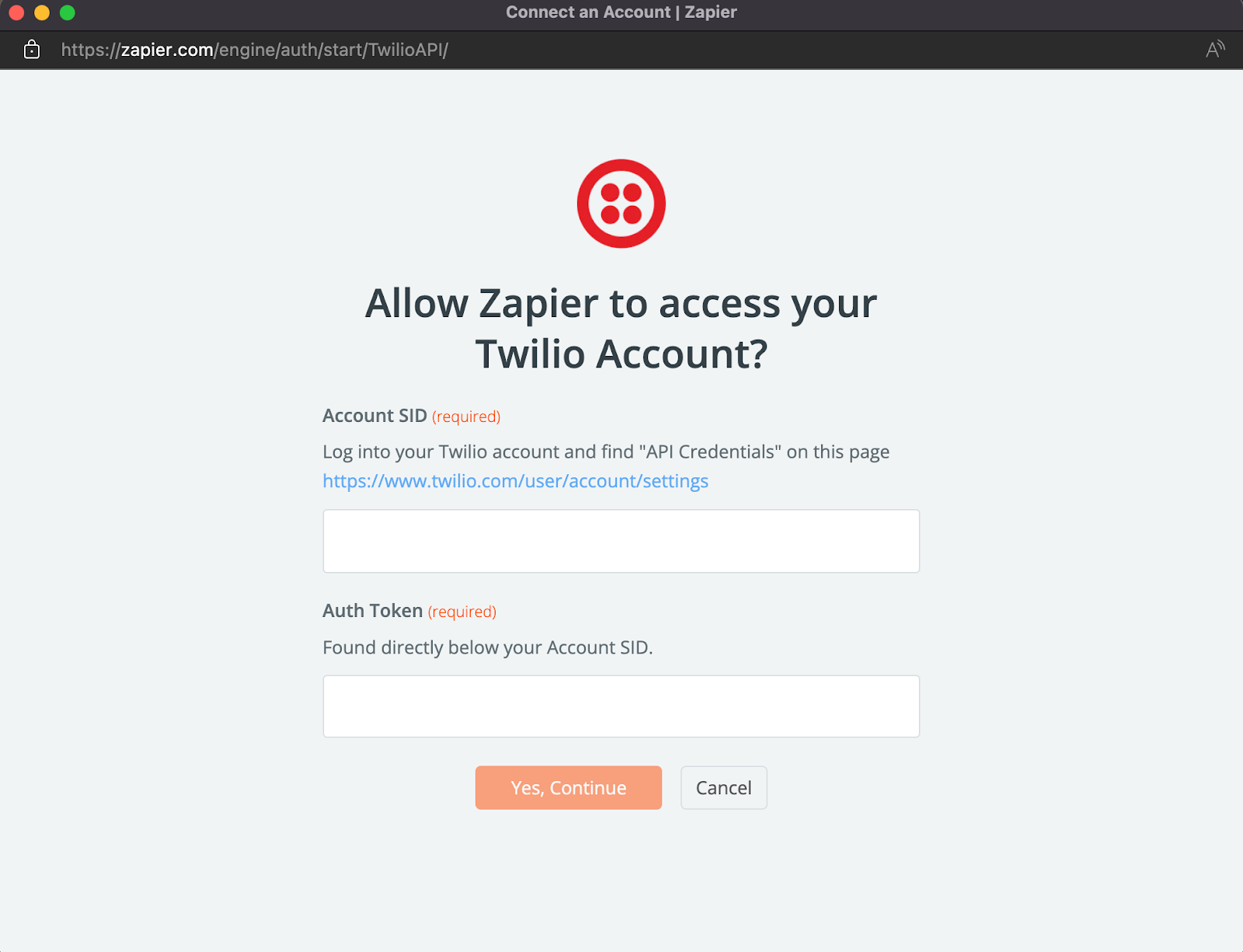 Zapier asking the user for their Twilio Account SID and Auth Token.