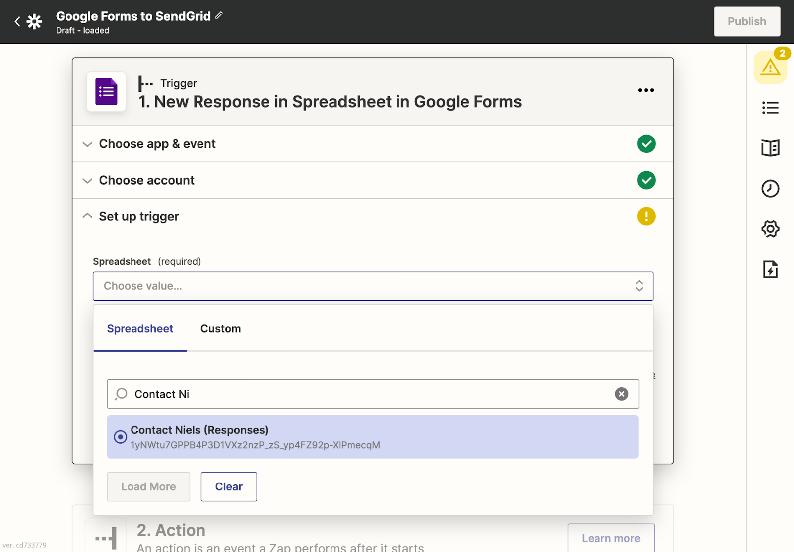User selects the "Contact Niels (Responses)" option from the Spreadsheet dropdown for the Google Forms trigger in Zapier.