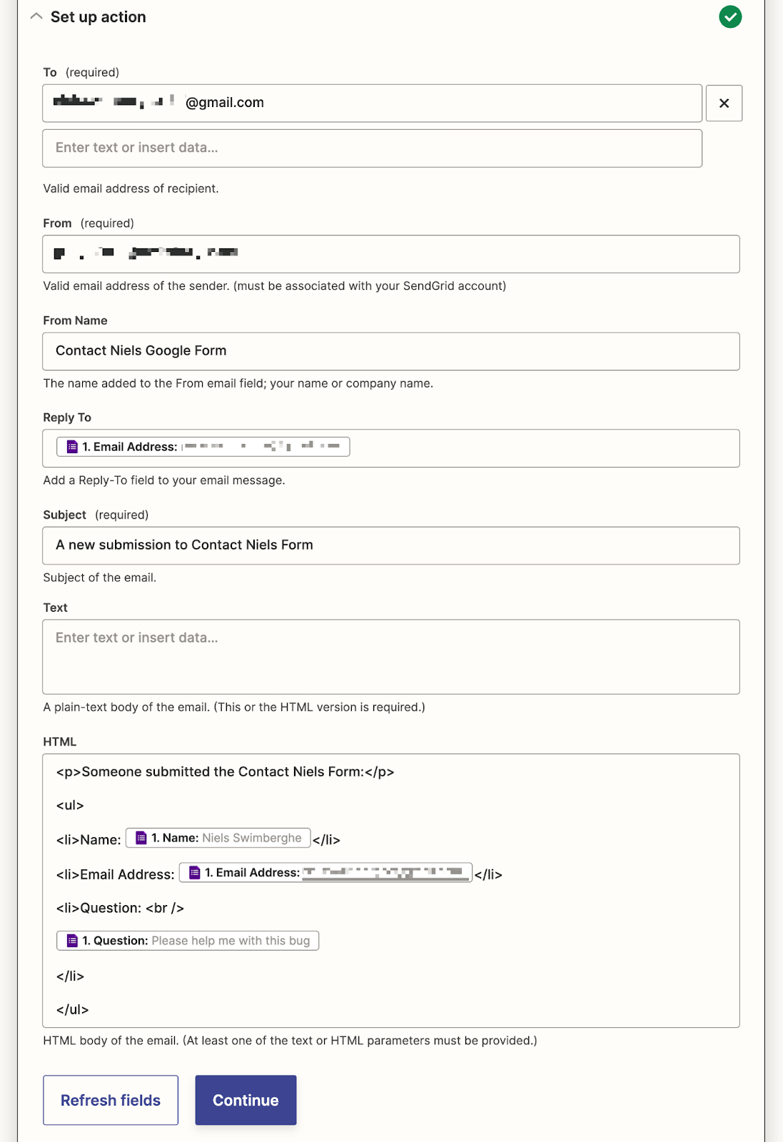 A form to specify how to send the email from Zapier with SendGrid.