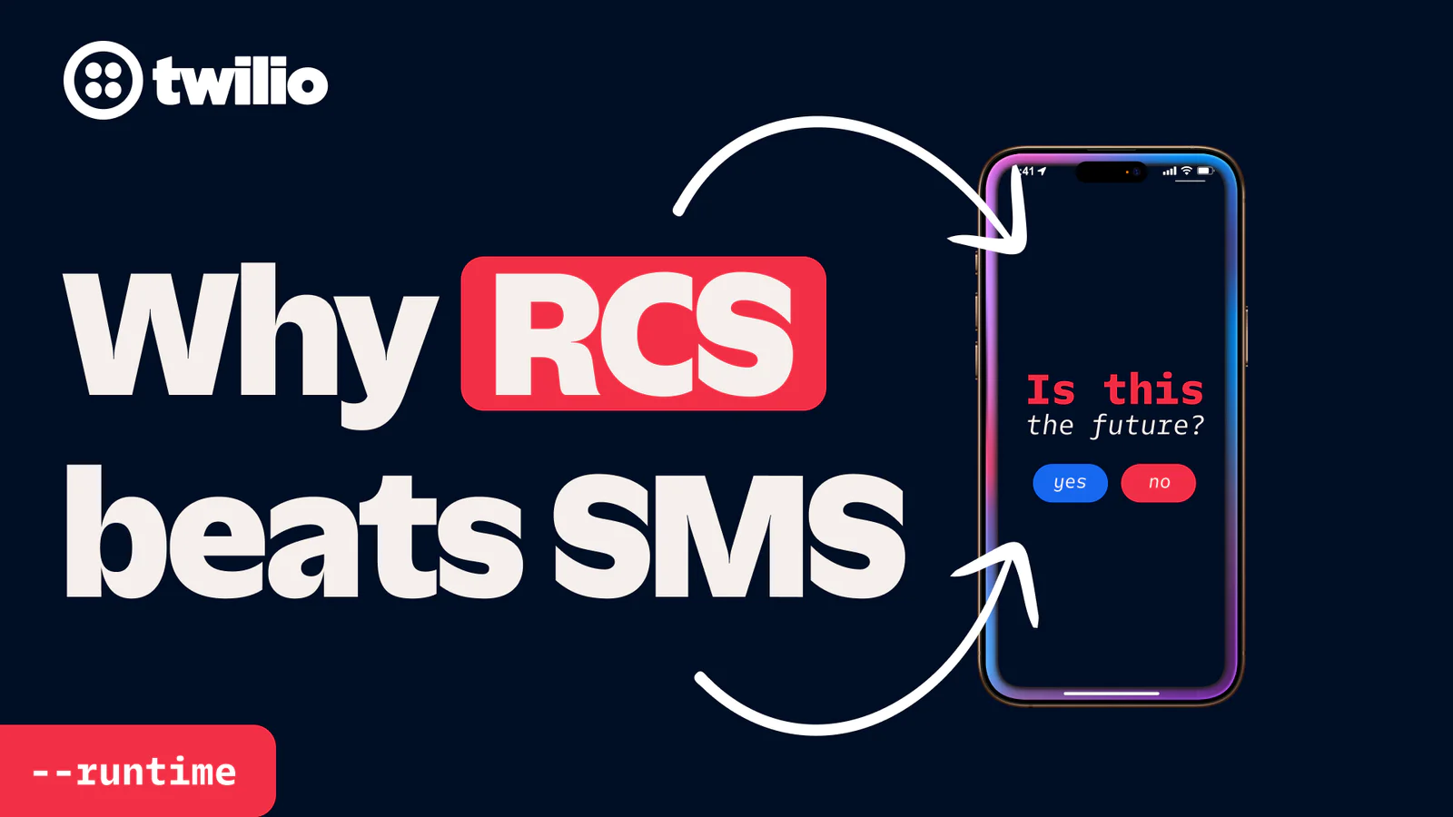 Why RCS is Superior to SMS Twilio graphic comparing RCS and SMS with a phone screen highlighting potential future of messaging.