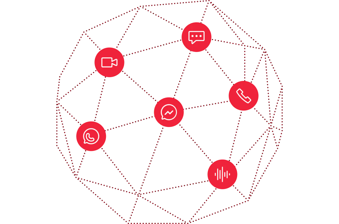 Communication Network with Various Media Icons Graphic showing interconnected communication icons including video, text, call, chat, and voice.