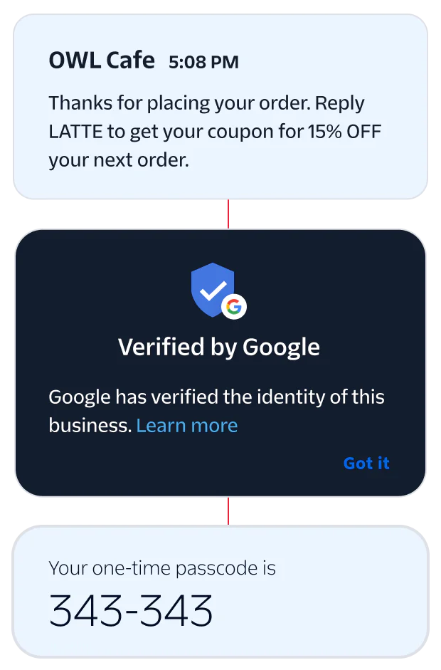 Order Confirmation and Verification Notifications Notifications showing order confirmation from OWL Cafe and Google business verification.