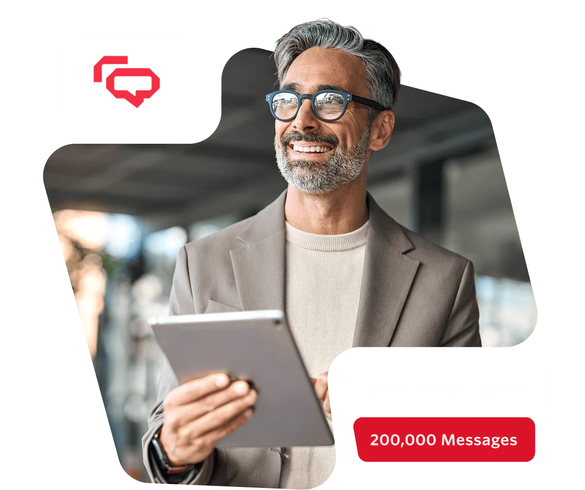 Professional Man Using Tablet for Business Communication Smiling man in glasses using a tablet, speech bubble icon, text Monthly Outbound 200,000 Messages.