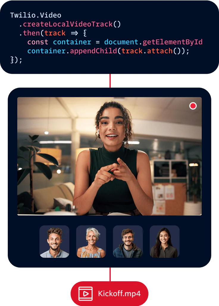 Woman Having a Video Chat with Chat Application User Woman smiling and using a laptop, video chat window, and code snippet displayed.