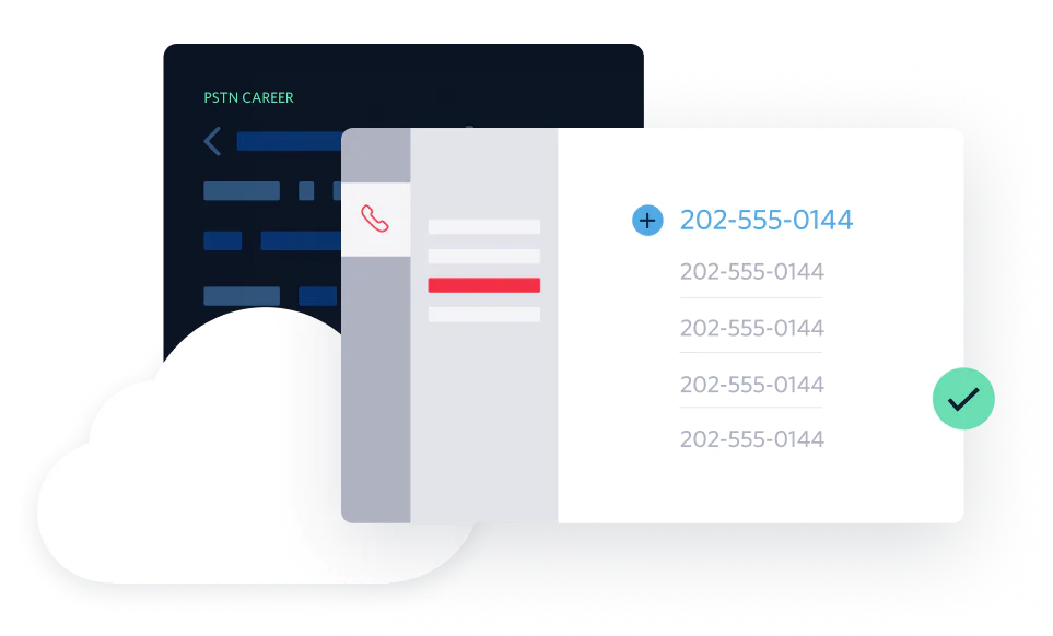 Illustrated UI showcasing a connection of an existing PSTN carrier to Twilio using a BYOC trunk that keeps your carrier, and your phone number inventory when building with Voice or SIP Trunking. Illustrated UI showcasing a connection of an existing PSTN carrier to Twilio using a BYOC trunk that keeps your carrier, and your phone number inventory when building with Voice or SIP Trunking.