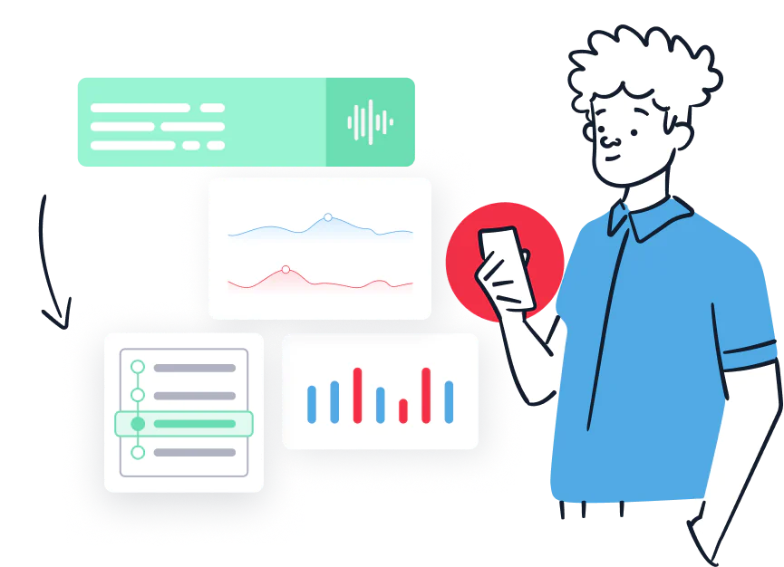 Professional analyzing data on a smartphone with visual charts and graphs. Voice intelligence turns voice calls into data