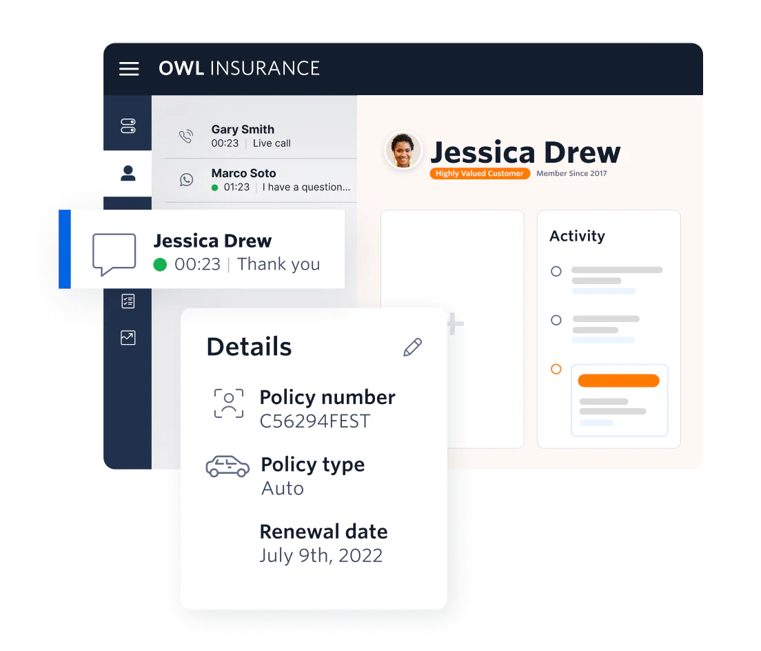 UI showing data-driven and compliant communications between insurance sales agents and prospective policy holders UI showing data-driven and compliant communications between insurance sales agents and prospective policy holders