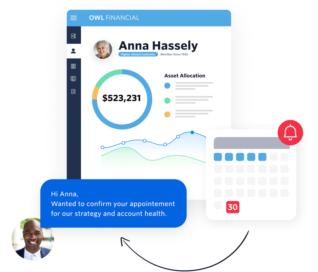UI showing appointment scheduling and confirmation within the OWL financial App UI showing appointment scheduling and confirmation within the OWL financial App