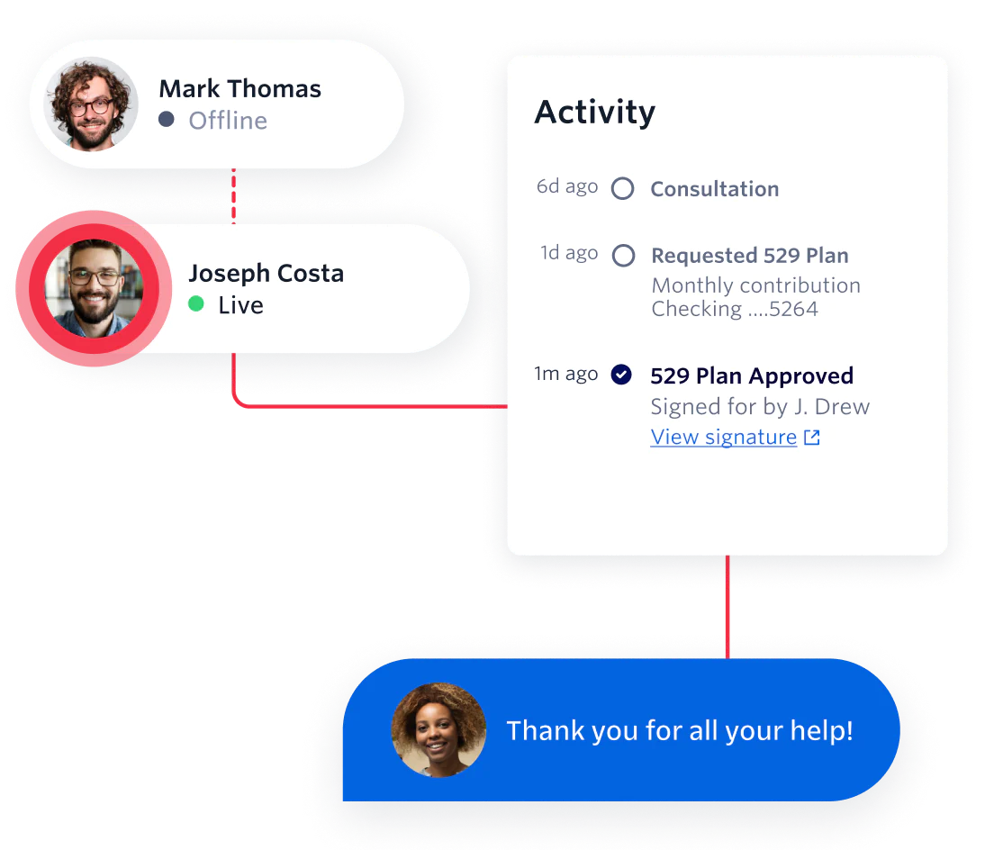 UI showing a customer’s messaging conversation with an agent about the approval of a 529 plan UI showing a customer’s messaging conversation with an agent about the approval of a 529 plan