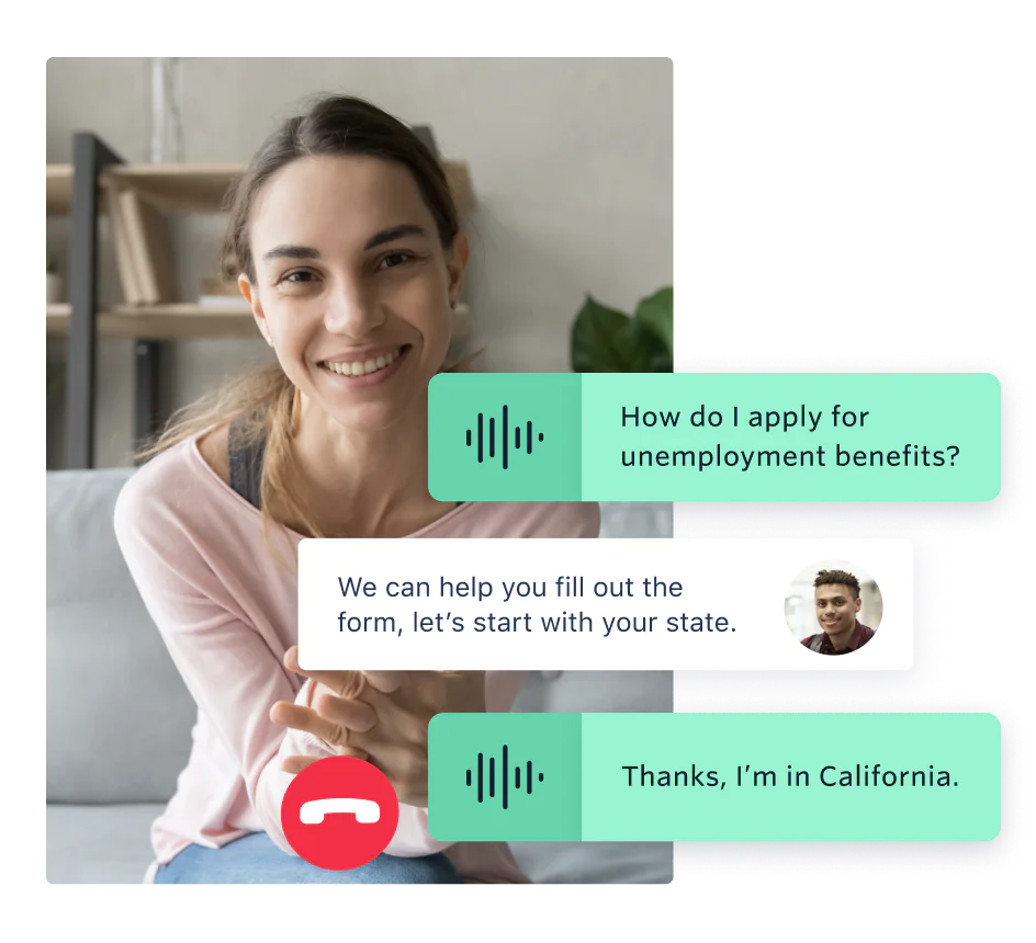 UI showing a person communicating through SMS and Voice with an AI-powered bot that automates routine requests and increases program capacity UI showing a person communicating through SMS and Voice with an AI-powered bot that automates routine requests and increases program capacity