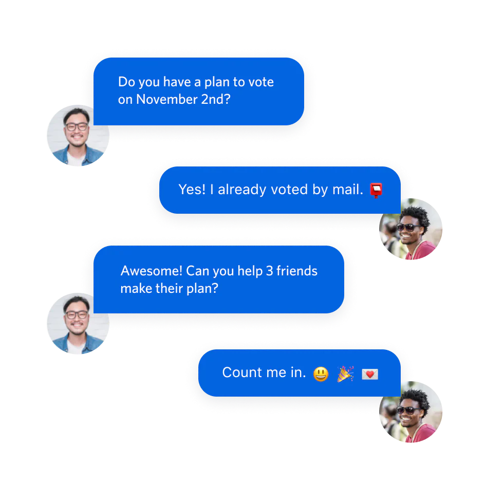 Text messages between two people coordinating support for voting. Text messages between two people coordinating support for voting.